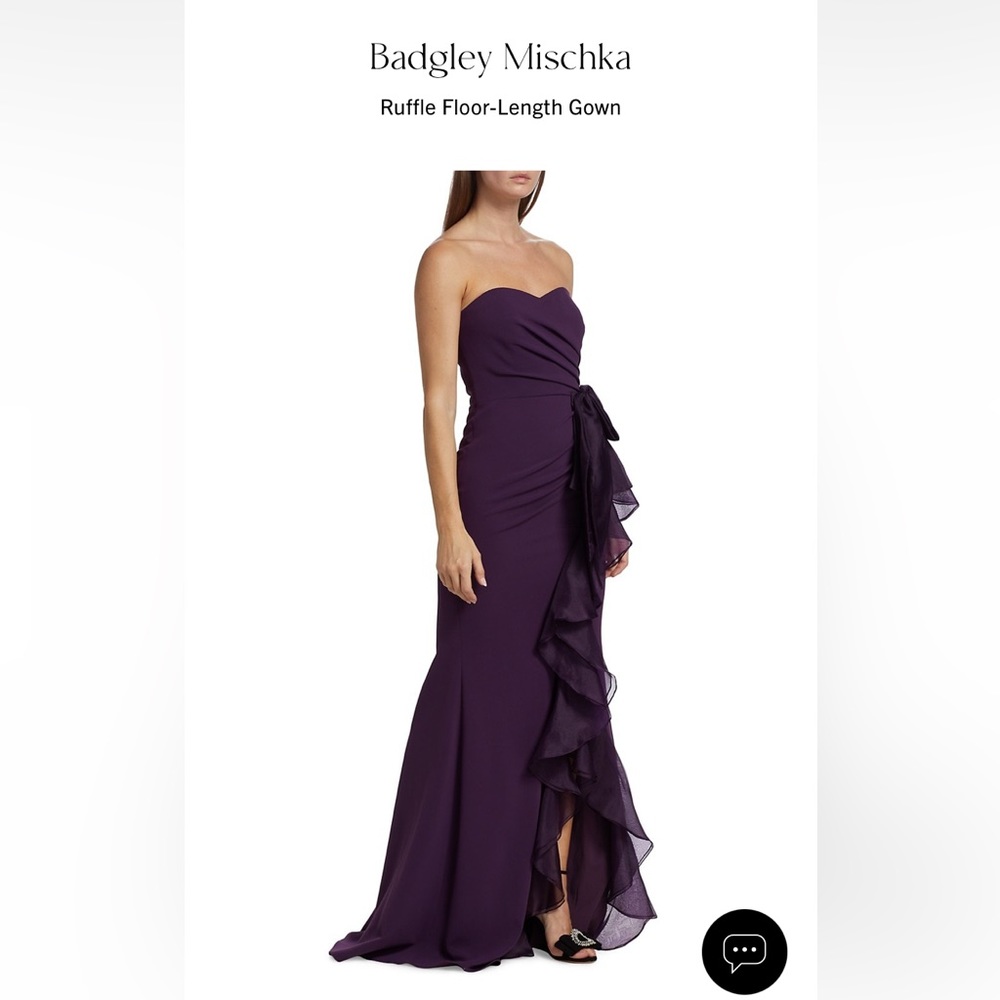 Badgley Mischka Strapless Ruffle Floor-Length Gown in Plum